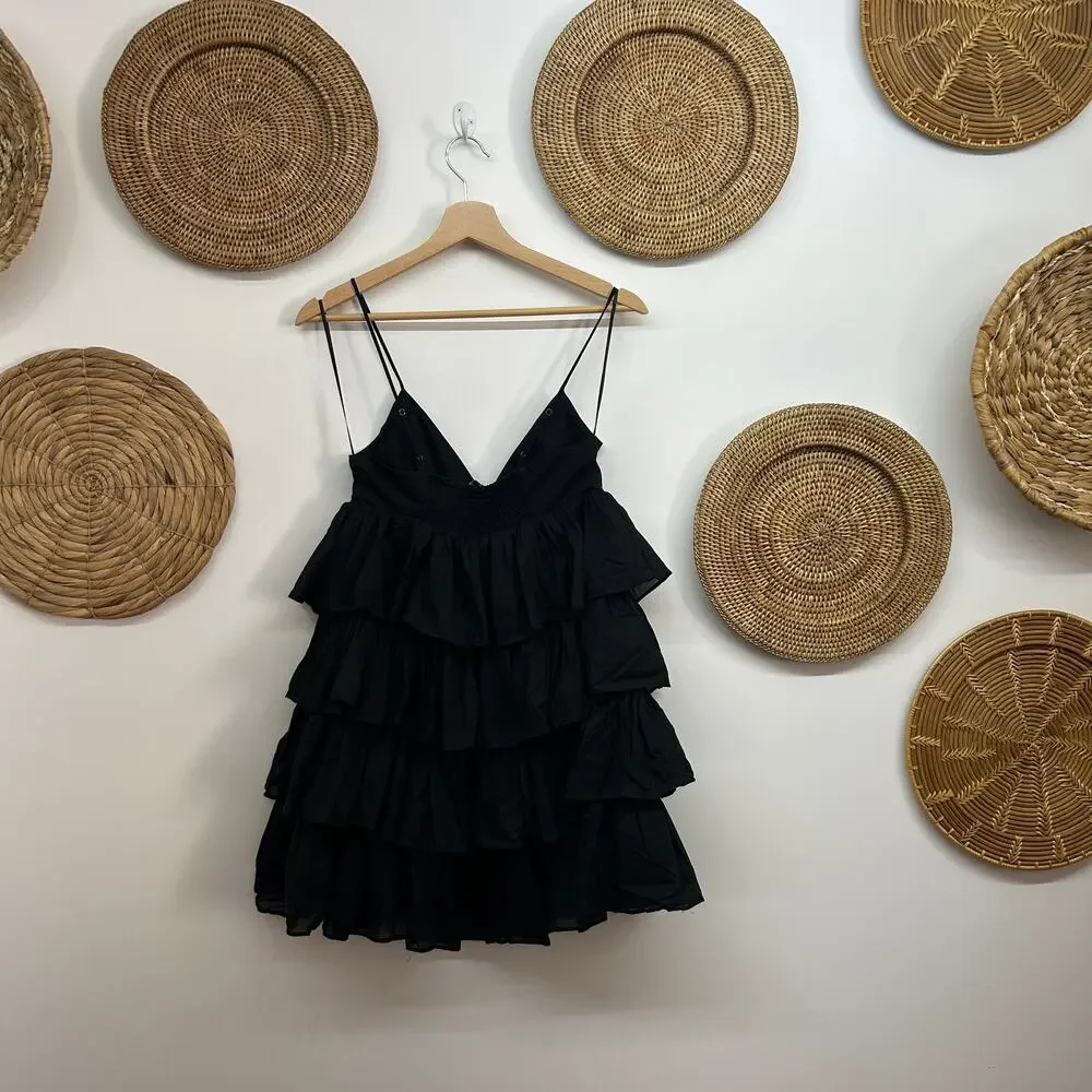 NEW $148 J. Crew Black Sleeveless V-Neck Ruffle Tier Mini Dress 2 100% Cotton